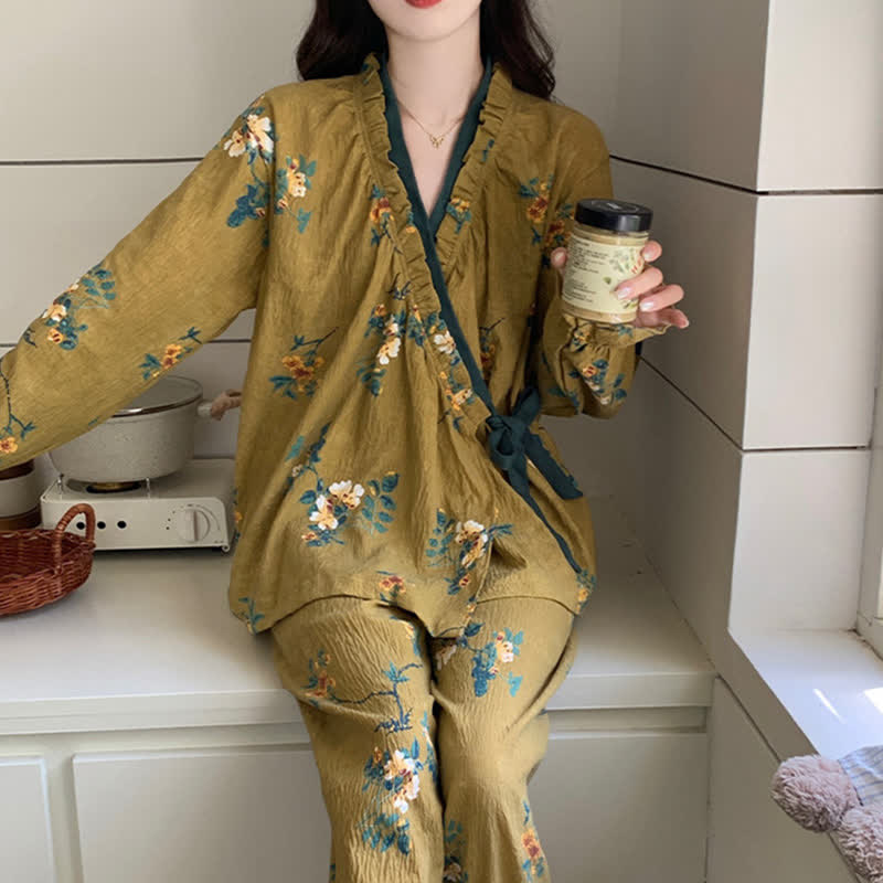 Ownkoti Ruffled Neck Green Floral Pajama Set - image 2