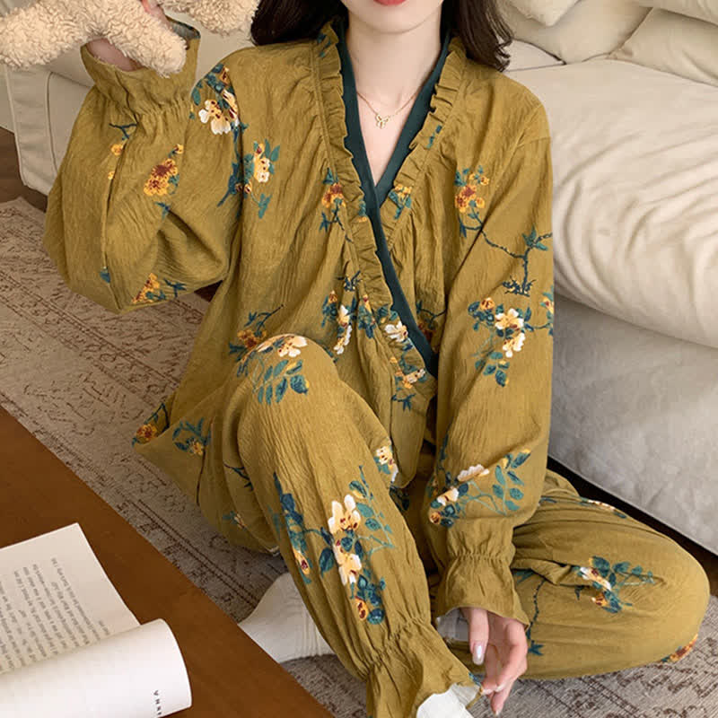 Ownkoti Ruffled Neck Green Floral Pajama Set - image 4
