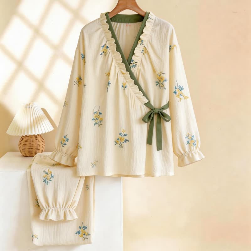 Ownkoti Ruffled Neck Botanical Floral Pajama Set - Beige - XL - image 0