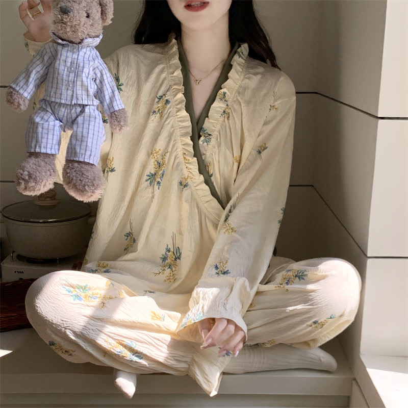 Ownkoti Ruffled Neck Botanical Floral Pajama Set - image 1