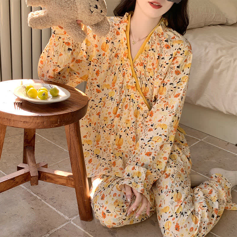Ownkoti Ruffled Neck Yellow Floral Pajama Set - image 8