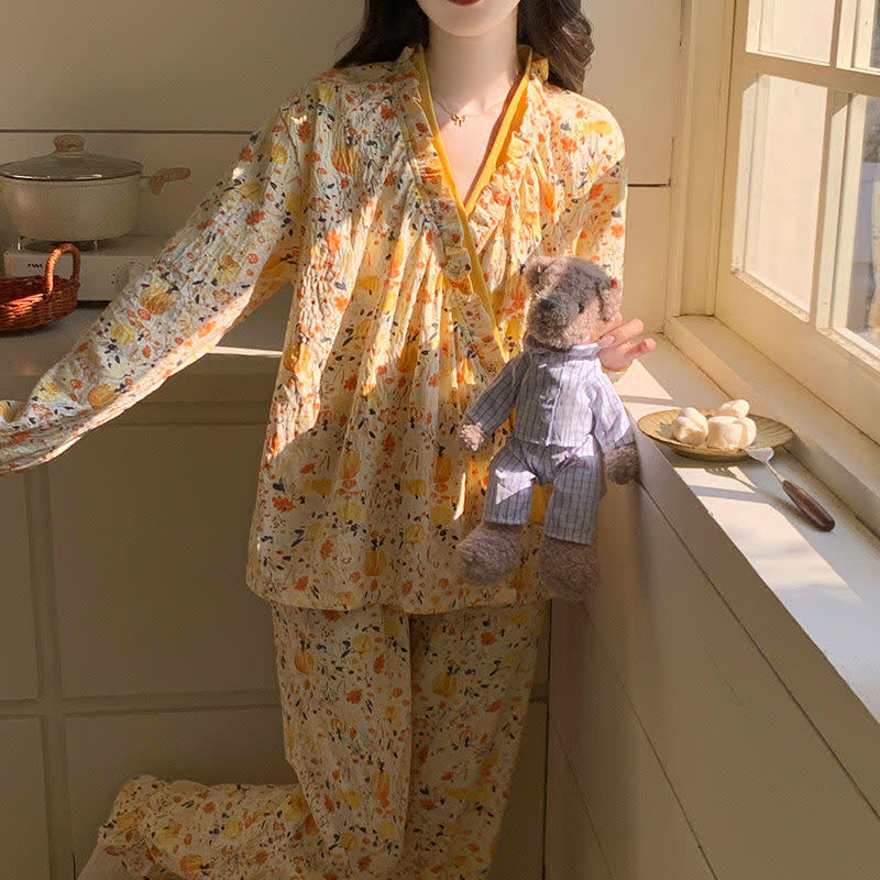 Ownkoti Ruffled Neck Yellow Floral Pajama Set - image 6