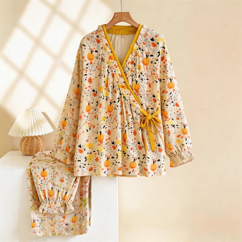 Ownkoti Ruffled Neck Yellow Floral Pajama Set - Orange - XL - image 0