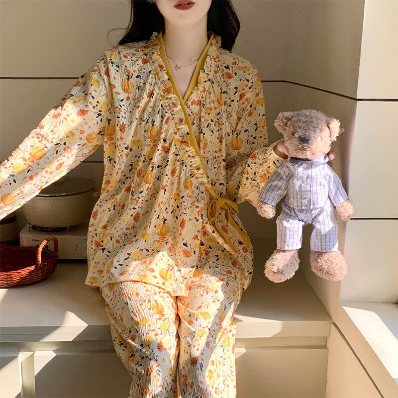 Ownkoti Ruffled Neck Yellow Floral Pajama Set - image 1