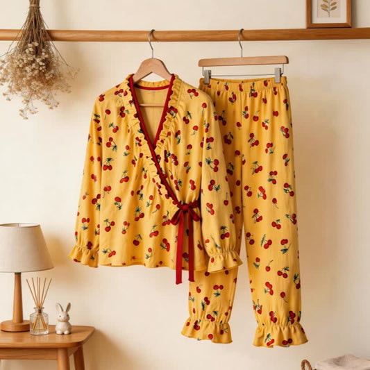 Ownkoti Ruffled Neck Cherry Print Pajama Set - Yellow - XL - image 0