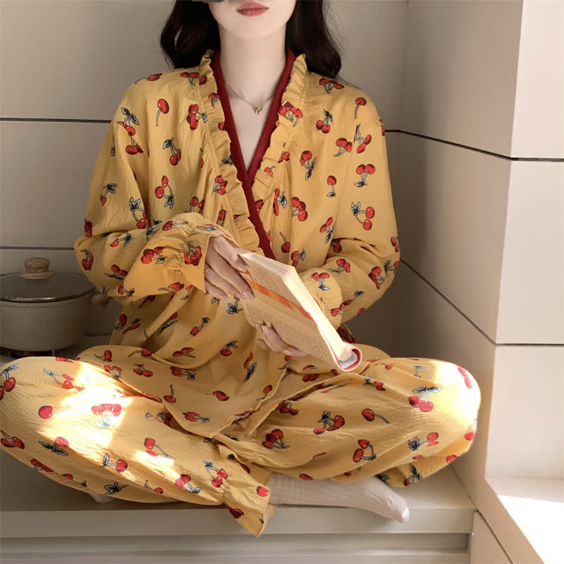 Ownkoti Ruffled Neck Cherry Print Pajama Set - image 1