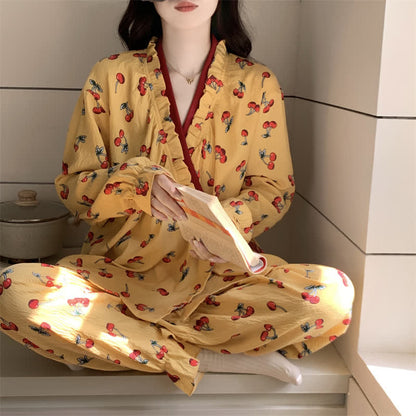 Ownkoti Ruffled Neck Cherry Print Pajama Set - image 1