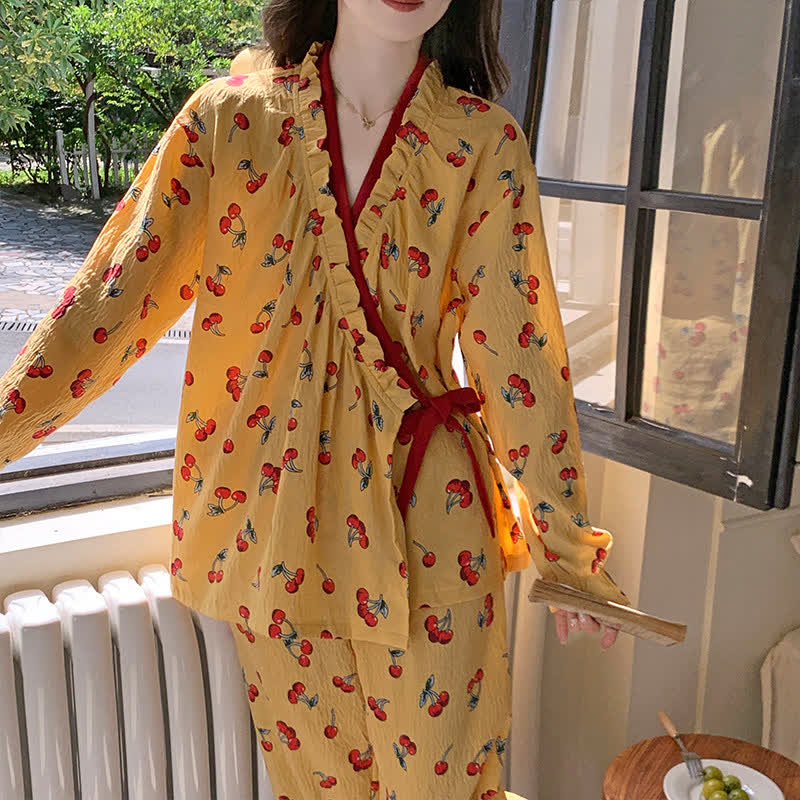 Ownkoti Ruffled Neck Cherry Print Pajama Set - image 2