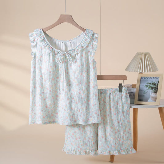 Ownkoti Elegant Floral Cotton Gauze Sleeveless Pajamas - Blue - XL - image 0