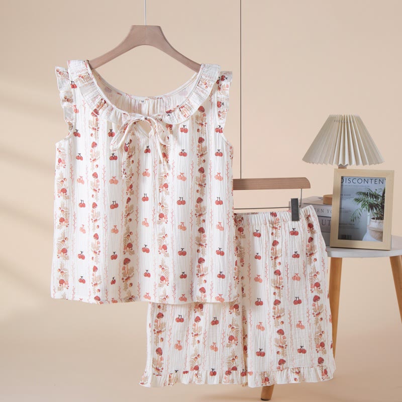 Ownkoti Cherry & Mushroom Cotton Gauze Sleeveless Pajamas - Beige - XL - image 0