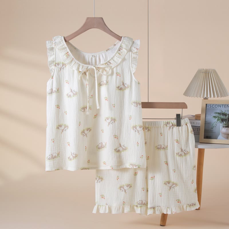 Ownkoti Cartoon Panda Cotton Gauze Sleeveless Pajamas - Beige - XL - image 0