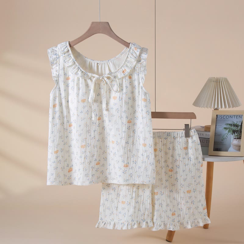 Ownkoti Pumpkin & Leaf Cotton Gauze Sleeveless Pajamas - Beige - XL - image 0