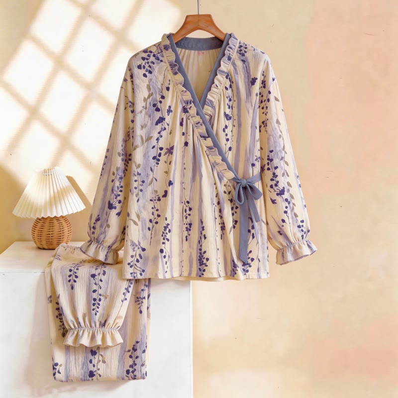 Ownkoti Ruffled Neck Purple Floral Pajama Set - Beige & Purple - XL - image 0