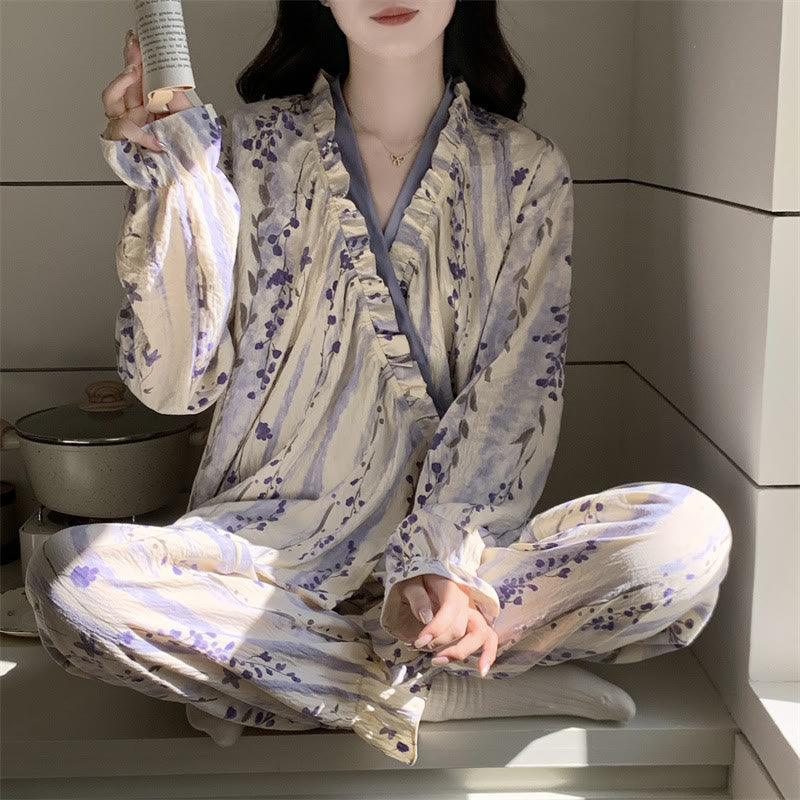 Ownkoti Ruffled Neck Purple Floral Pajama Set - Beige & Purple - L - image 1