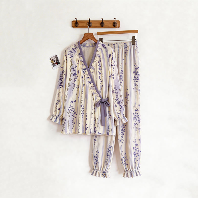 Ownkoti Ruffled Neck Purple Floral Pajama Set - image 3