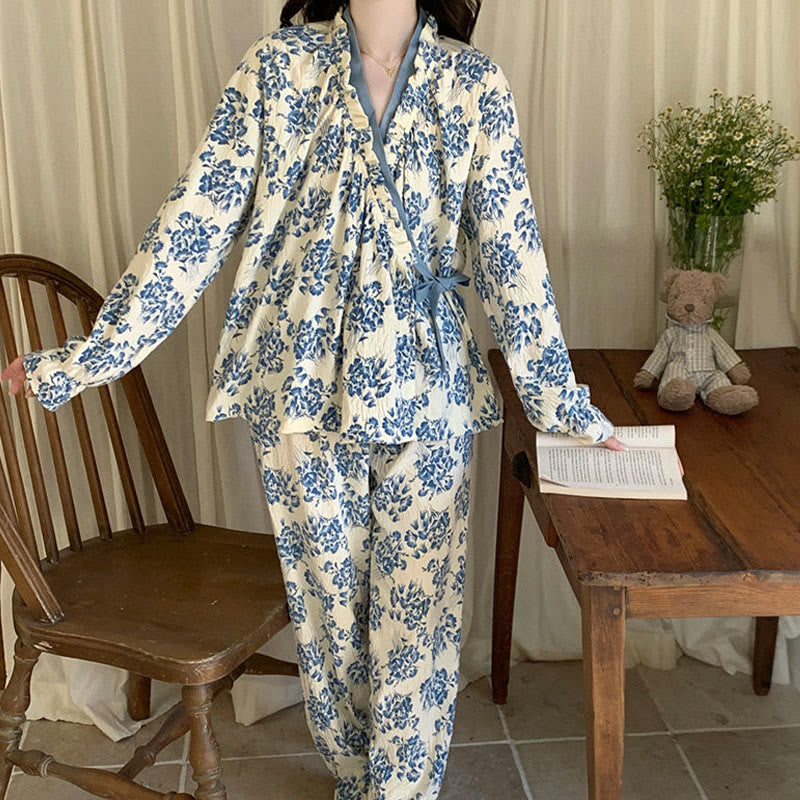 Ownkoti Ruffled Neck Blue Floral Pajama Set - image 2