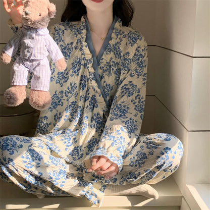 Ownkoti Ruffled Neck Blue Floral Pajama Set - image 1