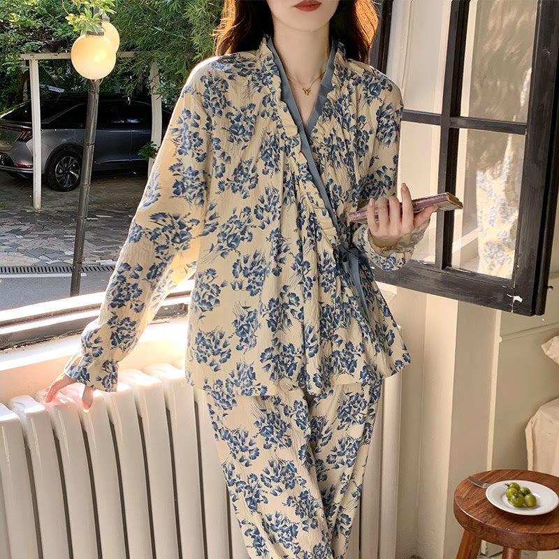 Ownkoti Ruffled Neck Blue Floral Pajama Set - image 3