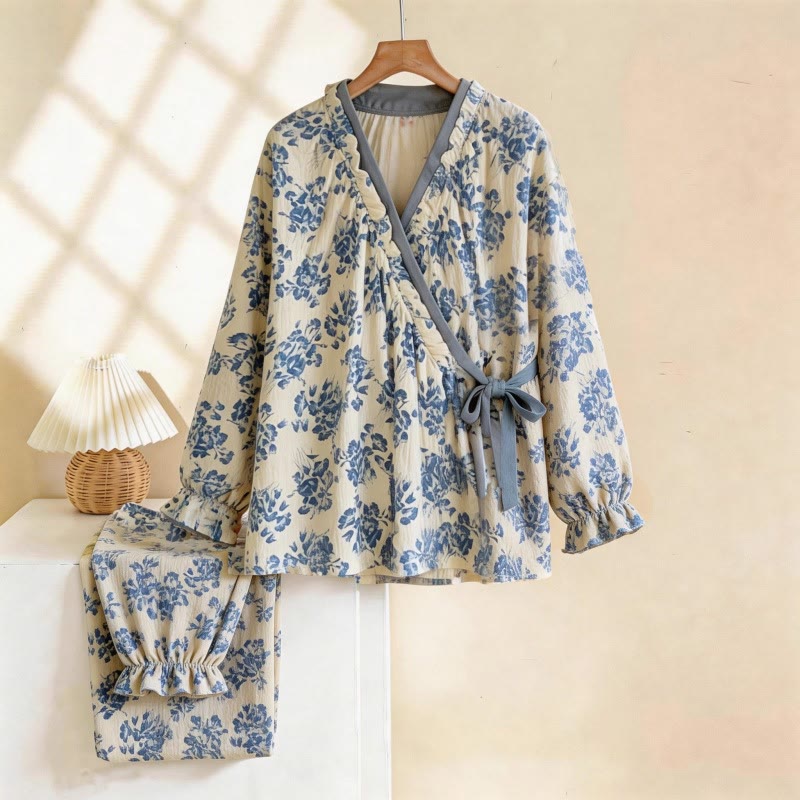 Ownkoti Ruffled Neck Blue Floral Pajama Set - Beige & Blue - XL - image 0