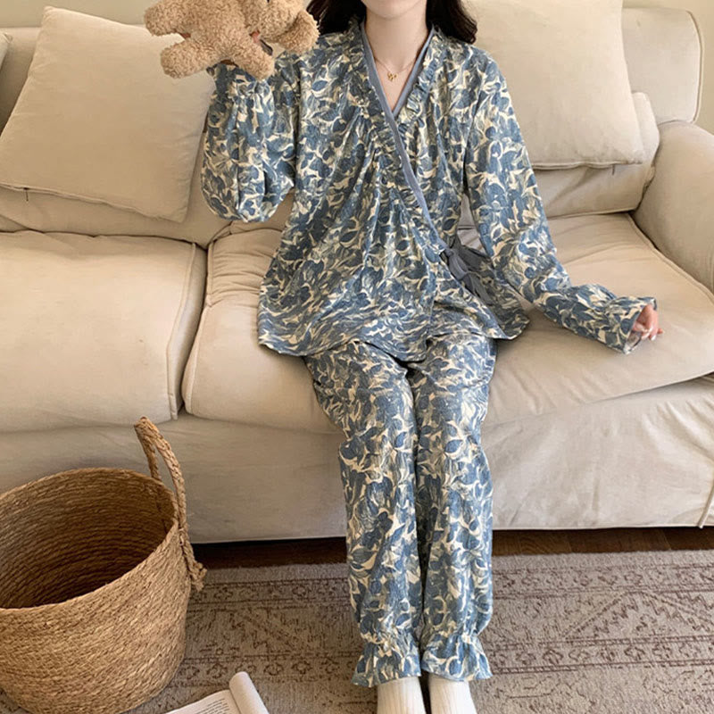 Ownkoti Ruffled Neck Blue Artistic Pajama Set - image 5