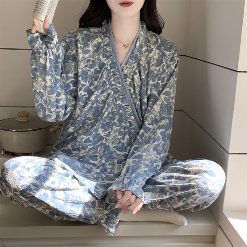 Ownkoti Ruffled Neck Blue Artistic Pajama Set - image 1