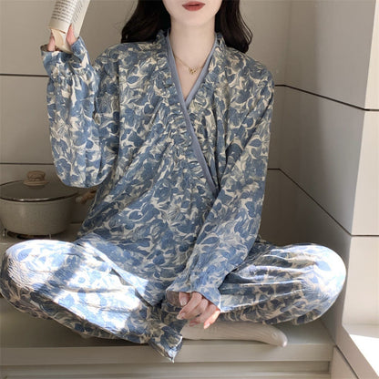 Ownkoti Ruffled Neck Blue Artistic Pajama Set - image 1