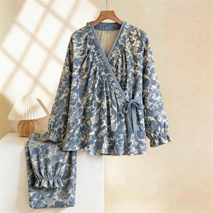 Ownkoti Ruffled Neck Blue Artistic Pajama Set - Light Blue - XL - image 0