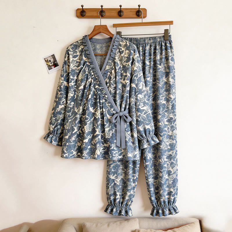 Ownkoti Ruffled Neck Blue Artistic Pajama Set - image 7