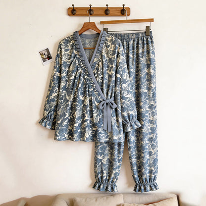 Ownkoti Ruffled Neck Blue Artistic Pajama Set - image 7
