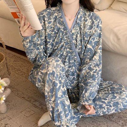 Ownkoti Ruffled Neck Blue Artistic Pajama Set - image 3