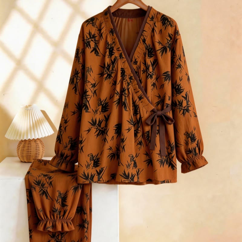 Ownkoti Ruffled Neck Leaf Print Pajama Set - Caramel - XL - image 0