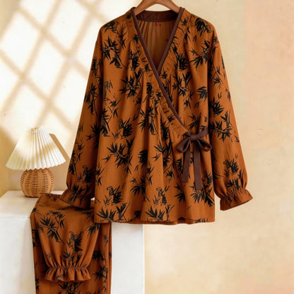 Ownkoti Ruffled Neck Leaf Print Pajama Set - Caramel - XL - image 0