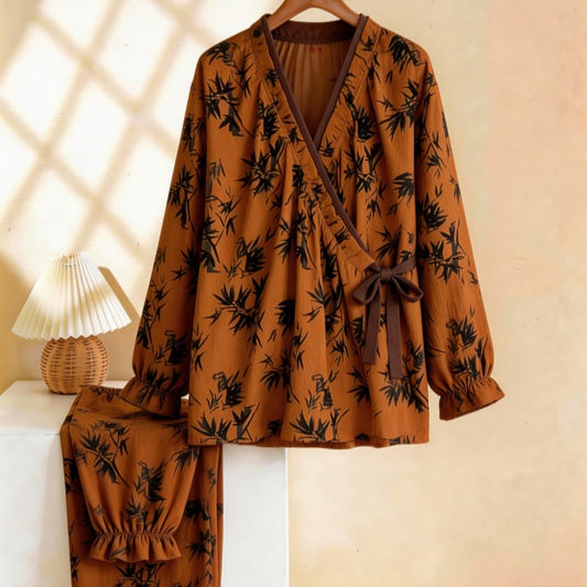 Ownkoti Ruffled Neck Leaf Print Pajama Set - Caramel - XL - image 0