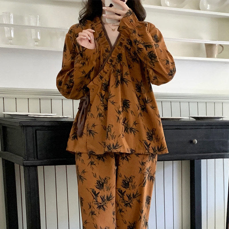 Ownkoti Ruffled Neck Leaf Print Pajama Set - image 3