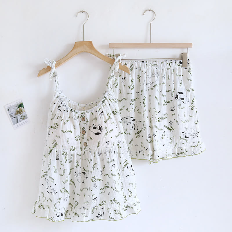 Ownkoti Cat & Leaf Pure Cotton Sleeveless Pajamas - White - XL - image 13