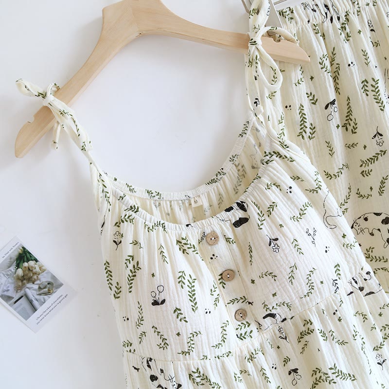 Ownkoti Cat & Leaf Pure Cotton Sleeveless Pajamas - image 4