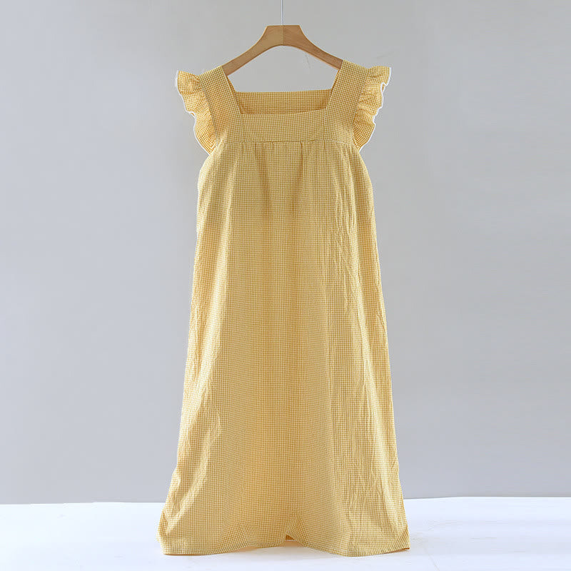 Ownkoti Gingham Flutter Sleeve Cotton Nightgown - Yellow - XL - image 15