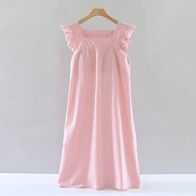 Ownkoti Gingham Flutter Sleeve Cotton Nightgown - Pink - XL - image 0