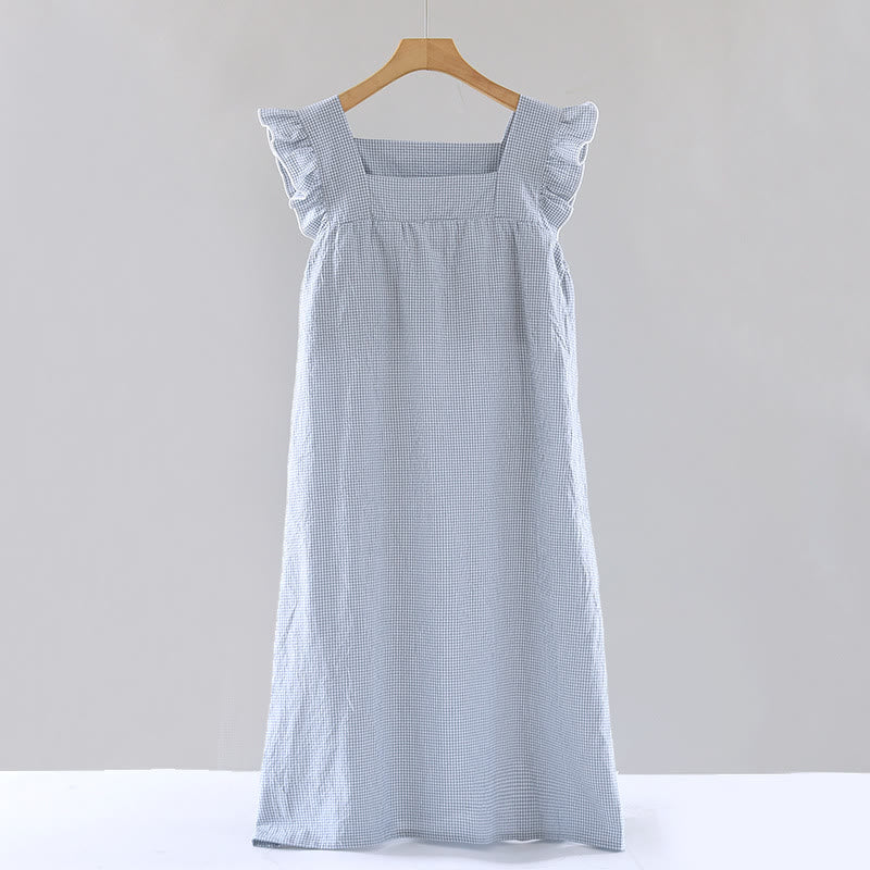 Ownkoti Gingham Flutter Sleeve Cotton Nightgown - Blue - XL - image 14