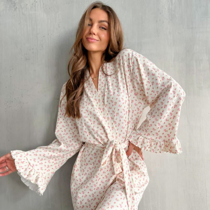 Ownkoti Floral Print Ruffle Knit Pajama Robe - image 4