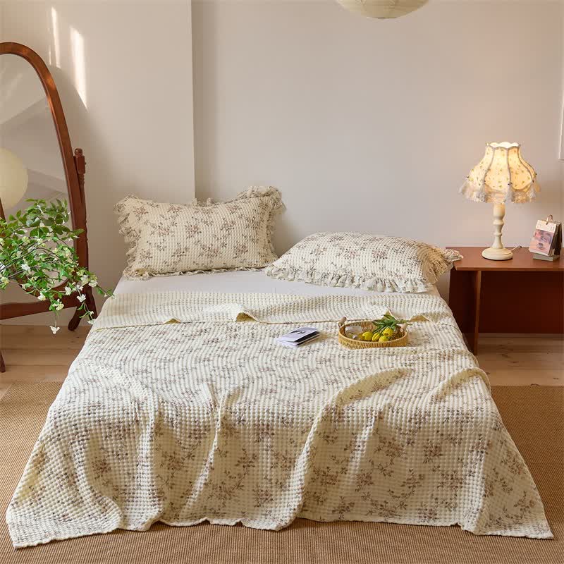 Ownkoti Floral Cotton Gauze Waffle Weave Quilt Blanket - Brown - Quilt with 2PCS Pillowcases - Queen - image 10