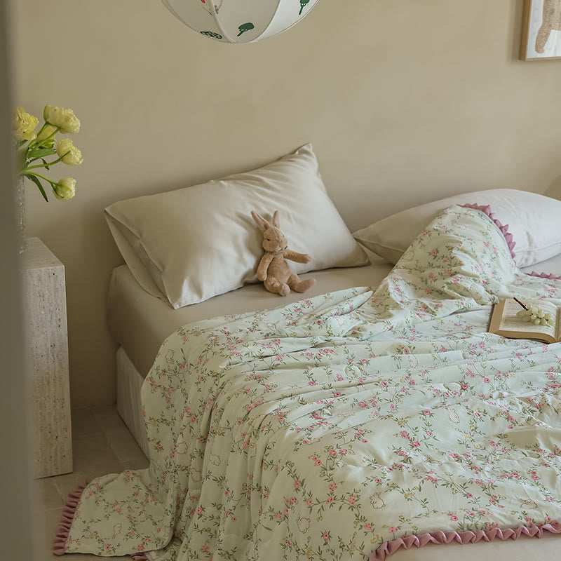 Ownkoti Floral & Bunny Ruffled Trim Summer Quilt - Beige - Queen - image 0