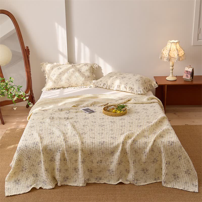 Ownkoti Floral Cotton Gauze Waffle Bedspread Quilt  - Blue - 2PCS Pillowcases - 20" x 29" - image 2