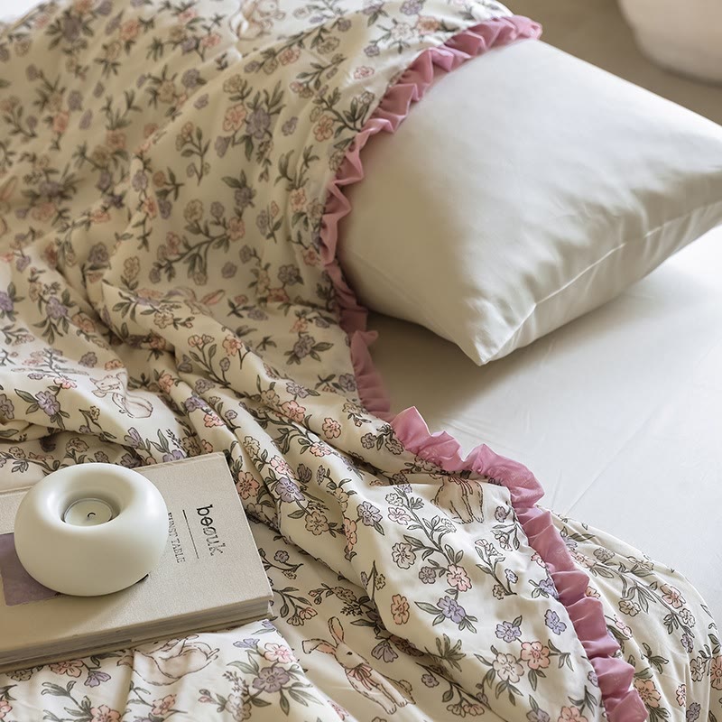 Ownkoti Rustic Floral & Bunny Ruffled Summer Quilt - image 1