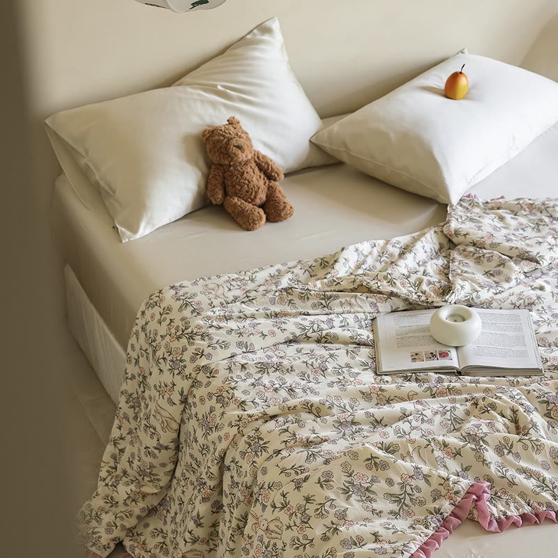 Ownkoti Rustic Floral & Bunny Ruffled Summer Quilt - Beige - Queen - image 0