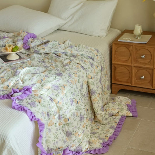 Ownkoti Purple Floral & Bunny Ruffled Summer Quilt - Beige - Queen - image 0