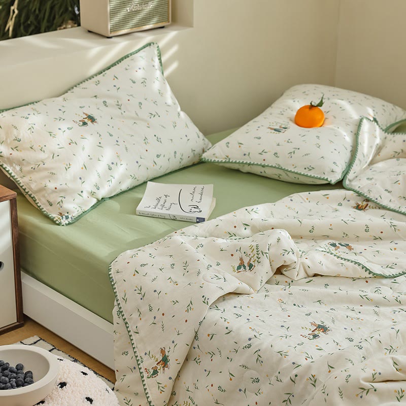 Ownkoti Botanical Leaf & Bunny Cotton Gauze Bedding  - Green & Beige - Bedding Set(4PCS) - Queen - image 0