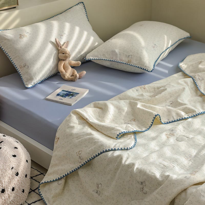 Ownkoti Elegant Leaf & Bunny Cotton Gauze Bedding  - Blue & Beige - Bedding Set(4PCS) - Queen - image 0