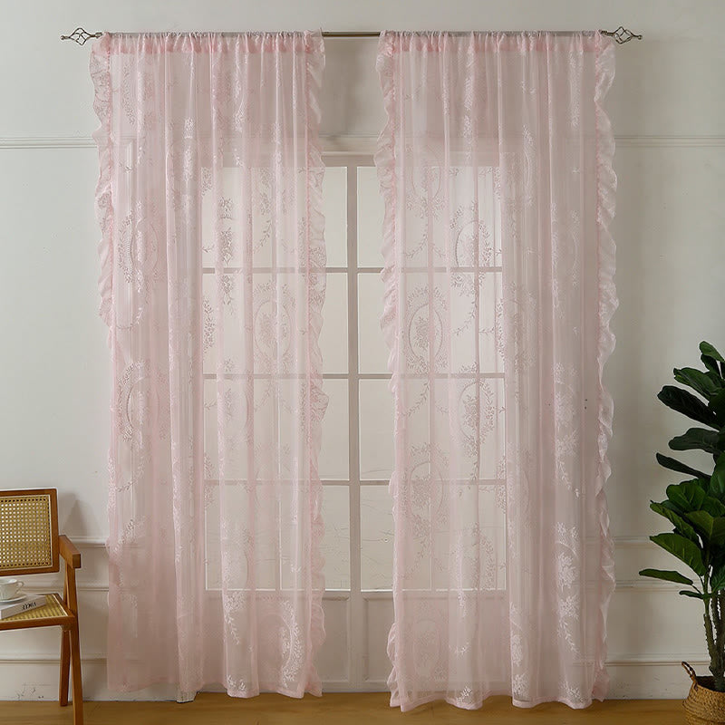 Ownkoti Cottage Lace Sheer Curtain with Ruffle Trim - Pink - 55"W x 102"L - image 11