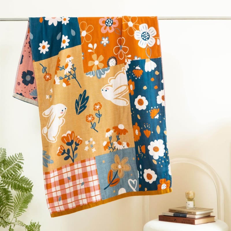 Ownkoti Pastoral Bunny & Floral Cotton Gauze Bath Towel - Multicolor - 29" W× 59"L - image 0